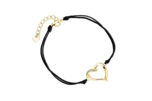 Srebrna pr.925 pozłacana bransoletka z podwójnym czarnym sznurkiem - serce z cyrkoniami srebrna-pr-925-pozlacana-bransoletka-z-podwojnym-czarnym-sznurkiem-serce-z-cyrkoniami
